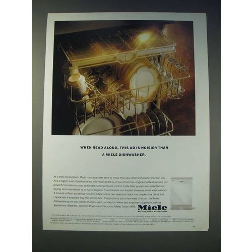 1989 Miele Dishwashers Ad - When read aloud, this ad is noisier than a Miele
