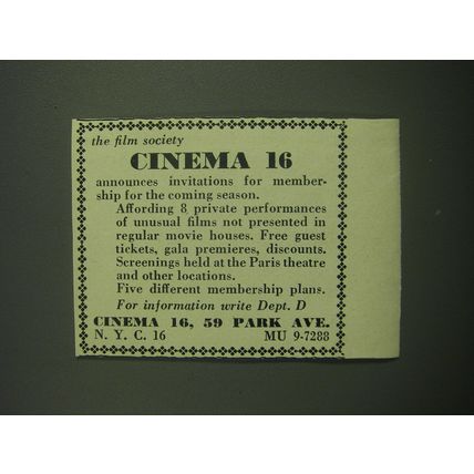 1949 Cinema 16 Film Society Advertisement - Invitations for Membership