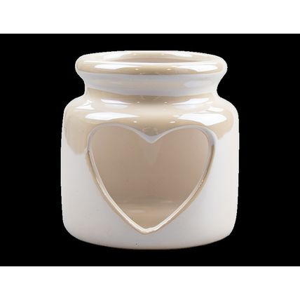 White Pearlised Ceramic Tea Light Holder with Heart Shaped Face 10 CM - 0004CP