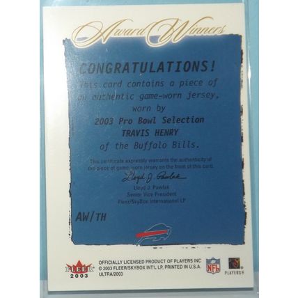2003 Fleer Ultra TRAVIS HENRY (Buffalo Bills) Award Winners GU jersey #AW-TH