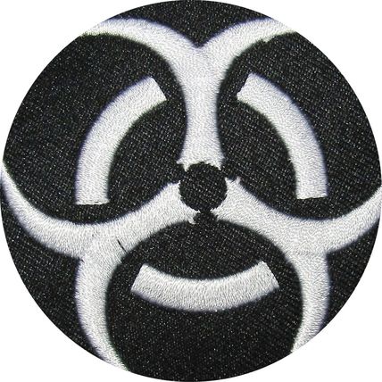 Iron On Badge Embroidered Biohazard Symbol Patch Black White Sew Cloth Logo P475