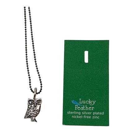 Brand New Lucky Feather Sterling Silver Plated Owl Charm Necklace Jeweled Eyes