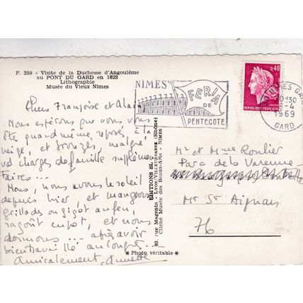 Visite de la Duchesse d'Angouleme Pont du Gard Postcard posted 1969 crease