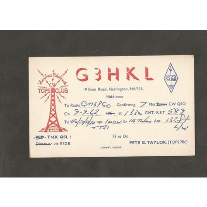 QSL Card G3HKL Peter Taylor Eton Road Harlington Hayes Middlesex