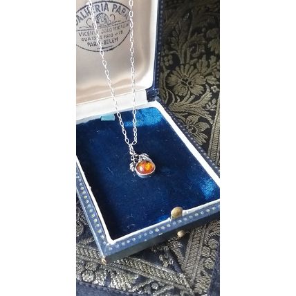 Antique Vintage 1940-s 925 Sterling Silver Natural Amber Pendant & 18 Inch Chain