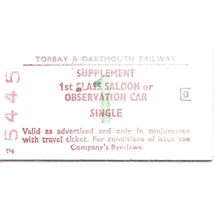Torbay & Dartmouth Rly. Edmondson Supplement Ticket - Saloon or Observation Car