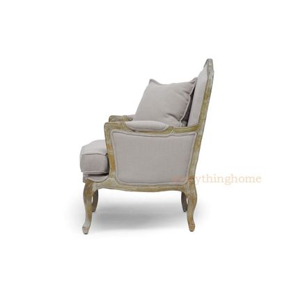 Antiqued Distressed Oak Finish French Lounge Accent Arm Chair Beige-Gray Linen
