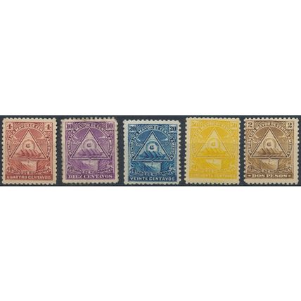 Coat of Arms: 5 Values - Nicaragua 1898 - NM H - MiNr 100, 102, 104/5 & 107X
