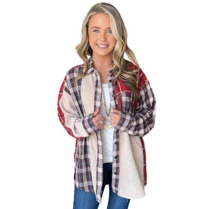 Plaid Corduroy Patchwork Shacket