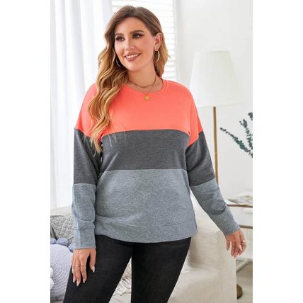 Gray Crew Neck Colorblock Plus Size Sweashirt