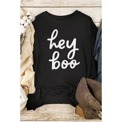 Black Hey Boo Letter Print Long Sleeve Pullover Sweatshirt