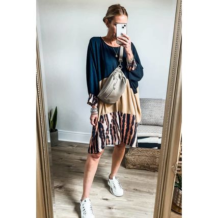 Khaki Printed Tiger Stripe Colorblock Bishop Sleeve Mini Dress