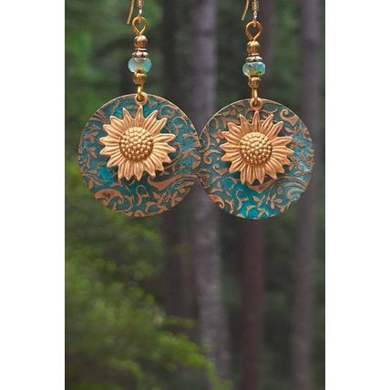 Real Teal Retro Sunflower Disc Alloy Dangle Earrings