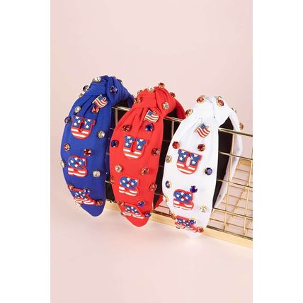 White USA Flag Gemstone Decor Knotted Wide Headband