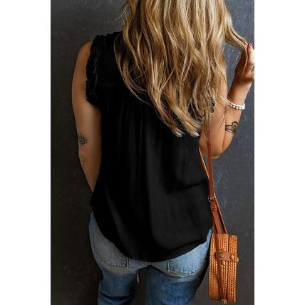 Black Button Split Neck Ruffled Trim Tank Top