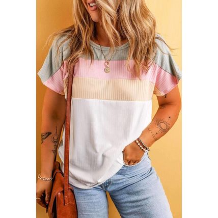 White Colorblock Patchwork Batwing Sleeve Ribbed Plus T Shirt
