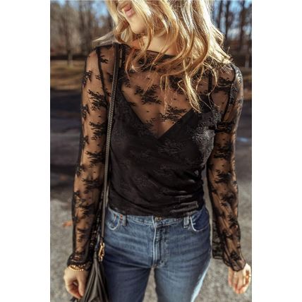 Black Lace Mesh Crochet Splicing Slim Fit Long Sleeve Blouse