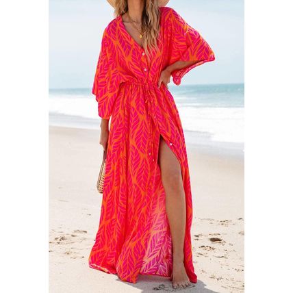 Orange Leafy Print 3/4 Sleeve V Neck Buttoned Split Maxi Dress