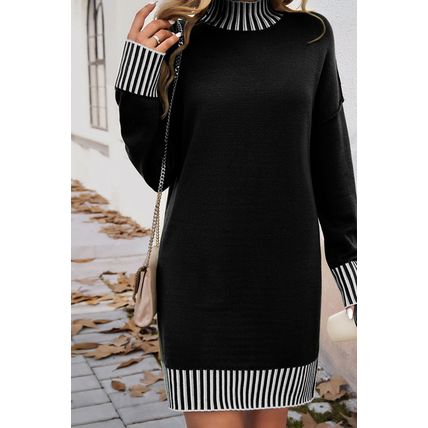 Black Striped Trim Mock Neck Dropped Long Sleeve Sweater Mini Dress