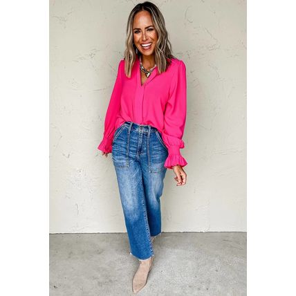 Rose Red Solid Color Shirred Cuff Notch V Neck Blouse