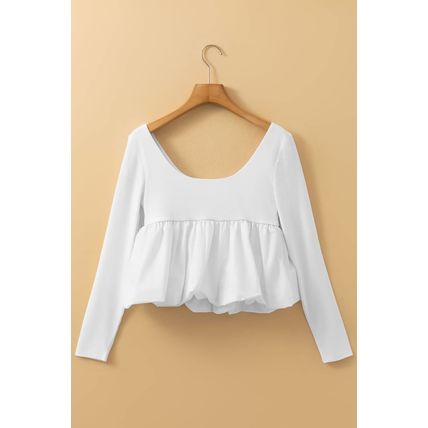 White U Neck Long Sleeve Bubble Hem Top