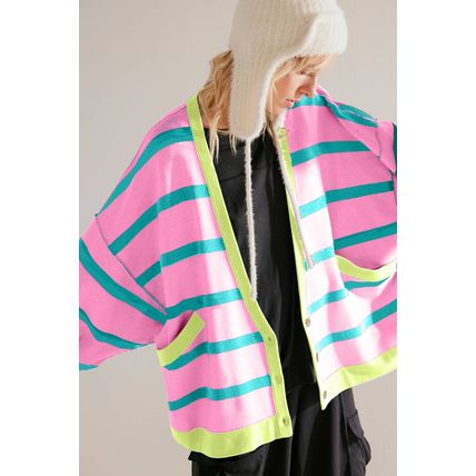 Pink Stripe Colorblock Drop Shoulder Buttoned Loose Cardigan