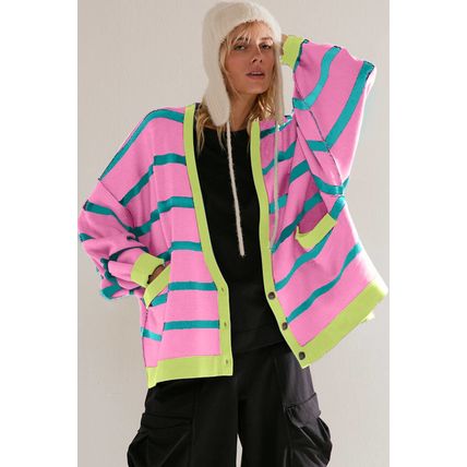Pink Stripe Colorblock Drop Shoulder Buttoned Loose Cardigan