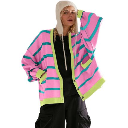 Pink Stripe Colorblock Drop Shoulder Buttoned Loose Cardigan