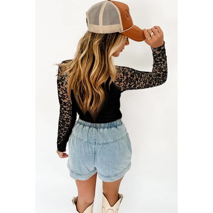 Black Floral Lace Patchwork Long Sleeve High Neck Slim Top