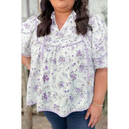 Purple Floral Trimmed Detail Split Neck Plus Size Top