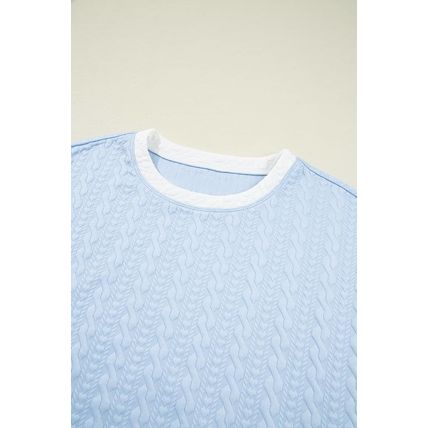Beau Blue Contrast Trim Textured Crewneck Tee and Pocketed Skirt Set