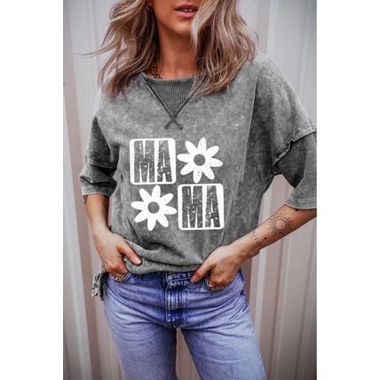 Philippine Gray MAMA Daisy Flower Graphic Mineral Wash Drop Shoulder Vintage Tee