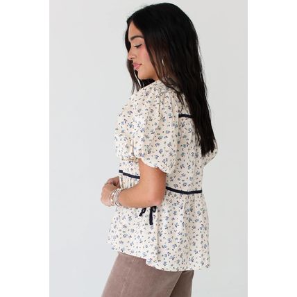 White Contrast Trim Floral Puff Short Sleeve Shirt