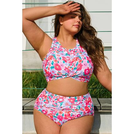 Rose Plus Size Floral Print Twisted High Waist Bikini Set