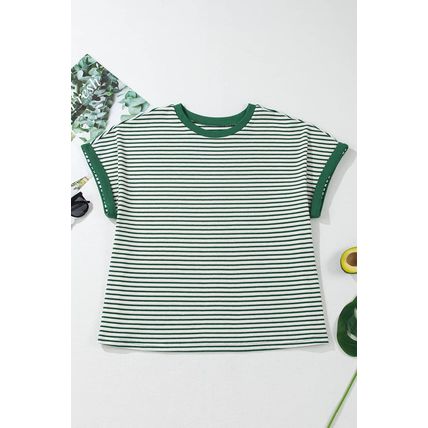 Green Stripe Trimmed Round Neck Plus Size Boxy Fit T-shirt