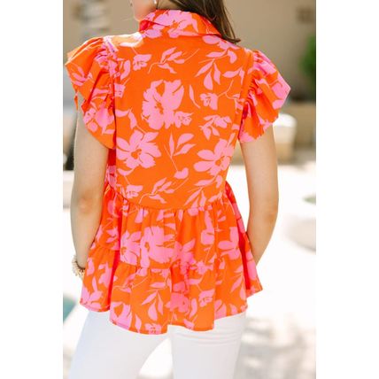 Orange Floral Print Collared Button Neckline Flutter Sleeve Blouse