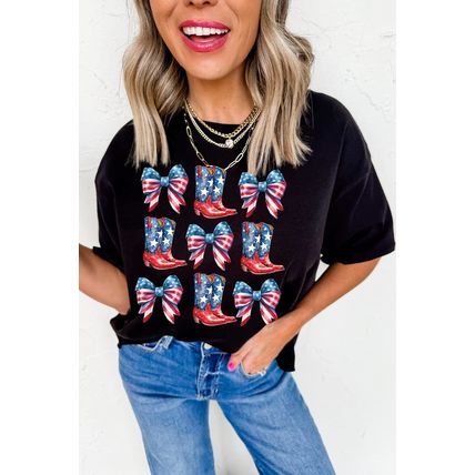 Black Stars and Stripes Bowknot Cowgirl Boots Graphic Patriotic Tee