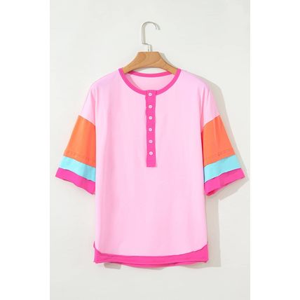 Pink Solid Color Half Sleeve Buttons Henley Top