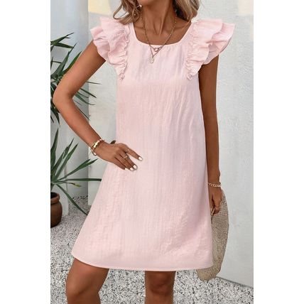 Light Pink Textured Flutter Sleeve Square Neck Bow Back Mini Dress
