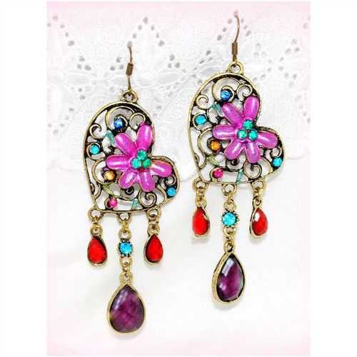 Tibetan Hill Tribe Love Heart Floral Crystal Bronze Hook Earrings Jewellery 1162