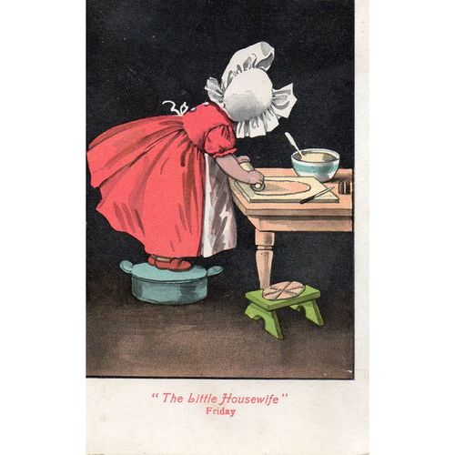 1910 Valentine's PC The Little Housewife Friday - little girl rolling shortbread