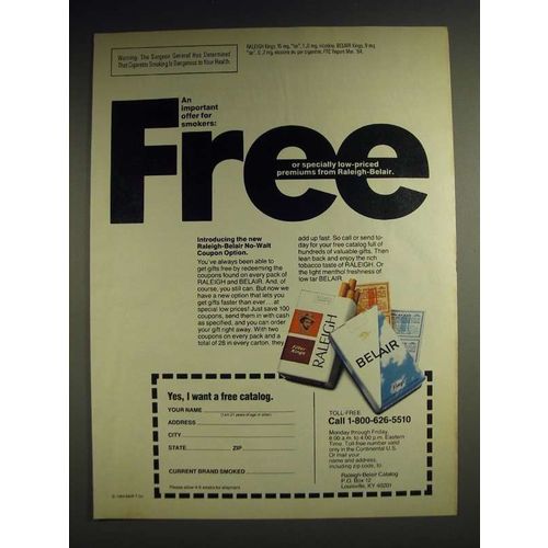 1984 Raleigh and Belair Cigarettes Ad - An important offer for smokers