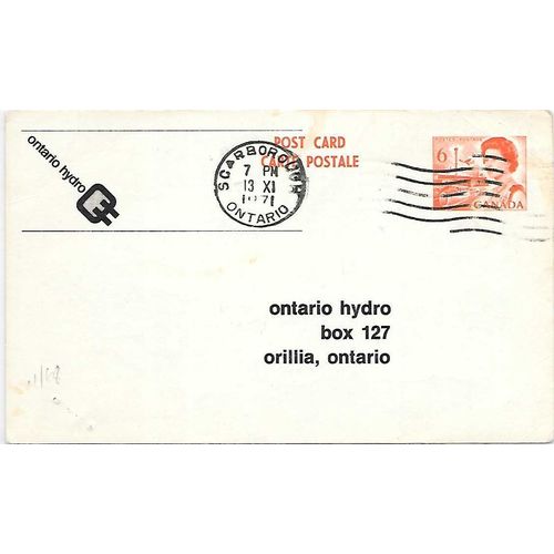 Canada. #P103b Postal Card USED Centennial Ontario Hydro Private Order, Orillia