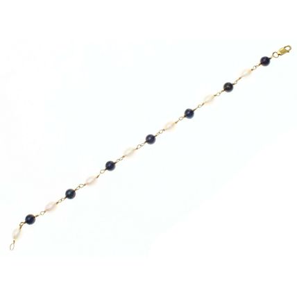 Genuine Black & White Pearl Bead Bracelet Real Solid 14K Yellow Gold 8 Inch Long
