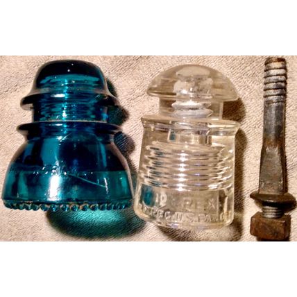 Glass Colored Insulators & mounting post .. antique telephone origin