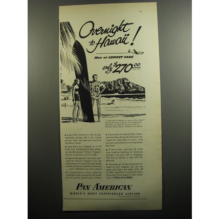 1951 Pan American Airline Ad - Overnight to Hawaii!