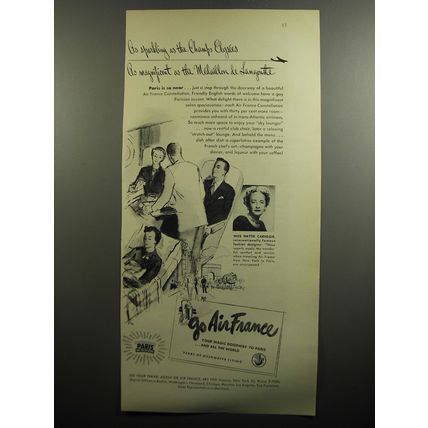 1951 Air France Airline Ad - Hattie Carnegie - sparkling as the Champs Elysees