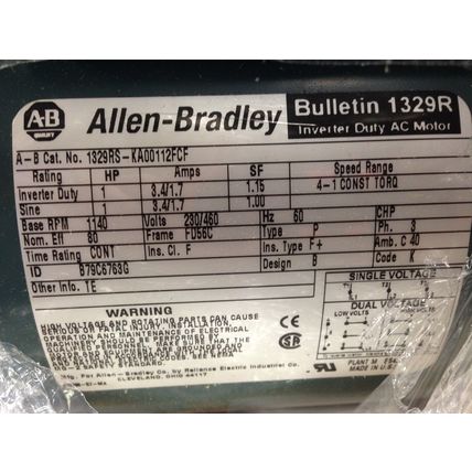 NEW 1329RS-KA00112FCF 3PHASE ALLEN BRADLEY MOTOR 1HP,BULLETIN 1329R,TB