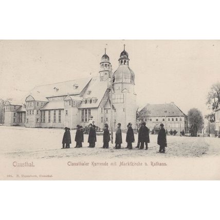 Line Of People at Clausthal Martkirche Und Rathaus Rare German Postcard