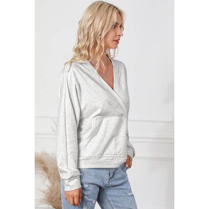 Gray Contrast Trim V Neck Wrap Sweatshirt with Pocket